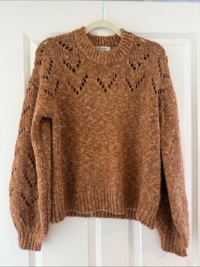 Madewell Open‑Stitch Crewneck Sweater in Rust Brown